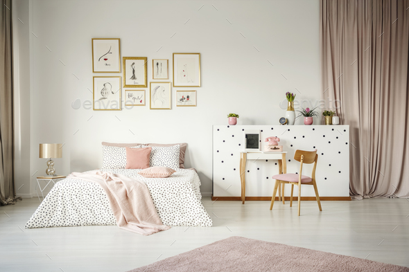 Pastel pink store and white bedroom